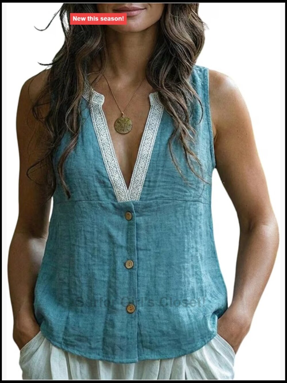 V Neck Button Up Tank Top Boho Lace Sleeveless Tunic Summer Vest Top (0C)